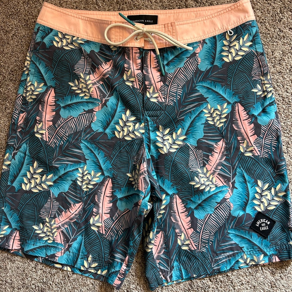 American Eagle Outfitters Men's Leaf Print Swim Shorts - Teal and Peach size med